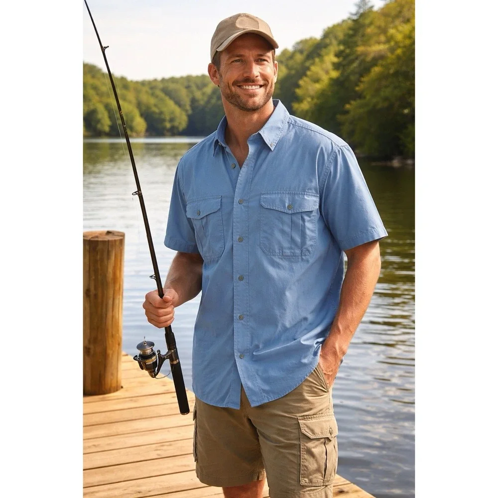 Cabela's Fishing Shirt XL Blue Vented Utility Short Sleeve Outdoor Cotton Pocket - Picture 2 of 8